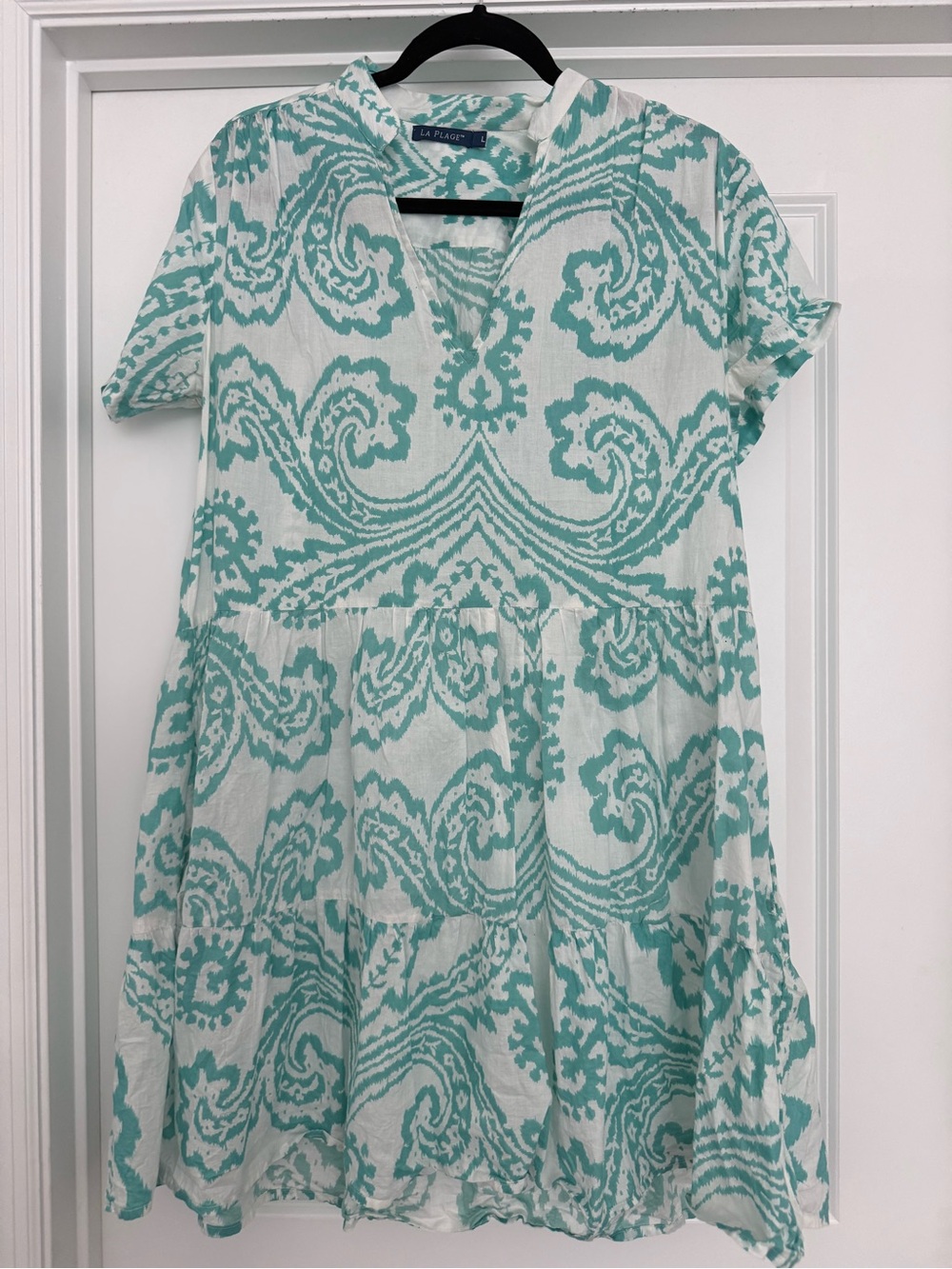 La Plage Aqua Paisley V-Neck Tiered Casual Dress